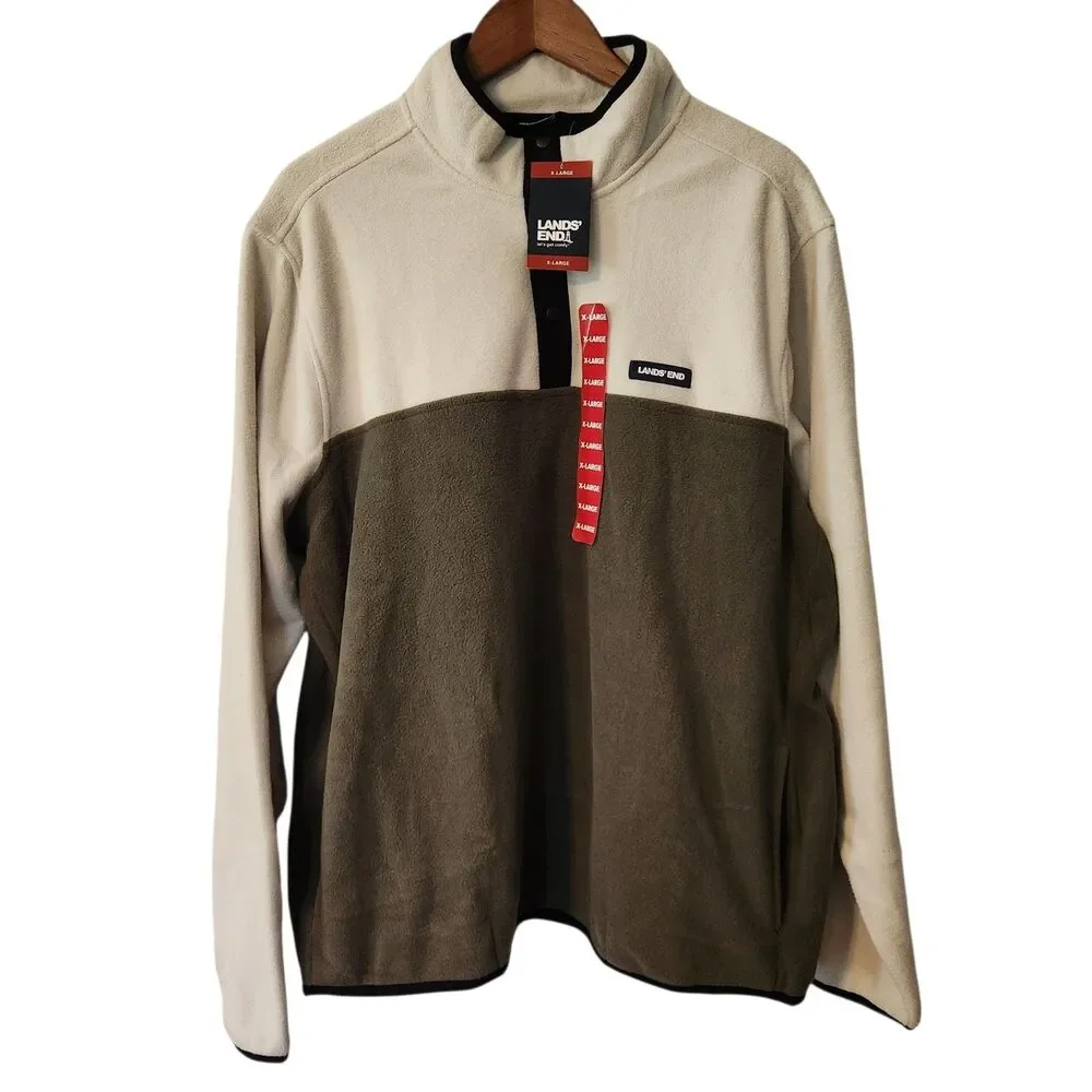 NWT Lands End Mens 1/4 Snap Fleece Pullover Beige & Green Colorblock Pockets XL